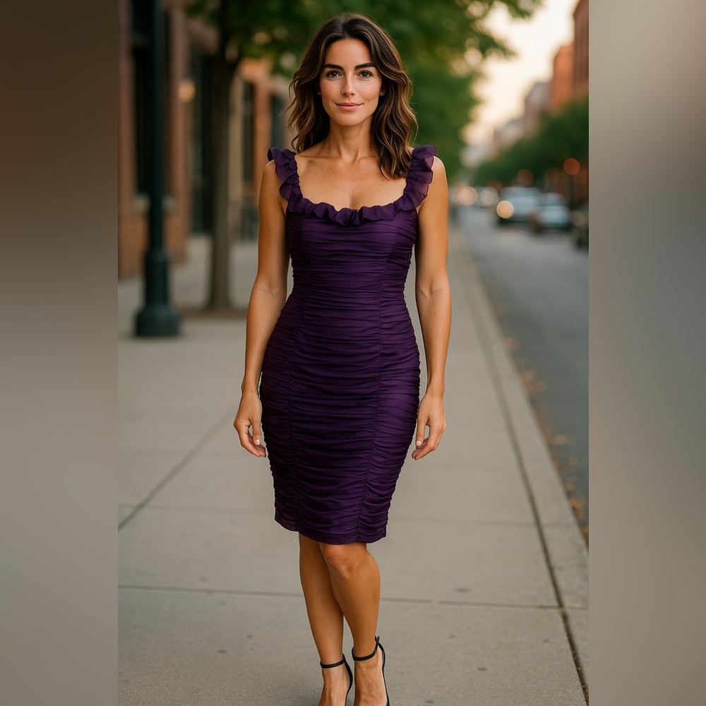 Charming Purple Ruffle /Square Neck Bodycon Fit Midi Cocktail Dress. Sz 10.